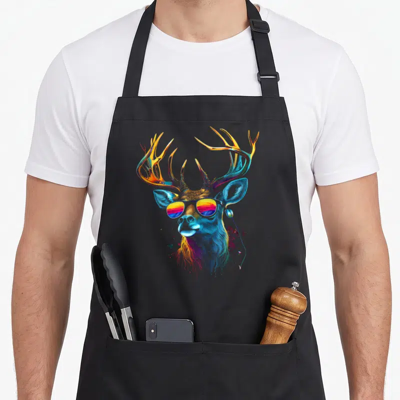 Tablier de cuisine noir avec tête de cerf aux bois multicolores et lunettes de soleil reflet sunset