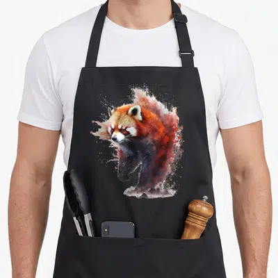Tablier de cuisine noir avec illustration artistique d'un panda rouge aux couleurs rouille et noires.