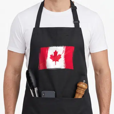 Tablier de cuisine noir avec une illustration stylisée du drapeau canadien en rouge et blanc.