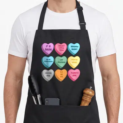 Tablier de cuisine noir avec neuf cœurs pastel imprimés affichant des citations humoristiques en anglais.
