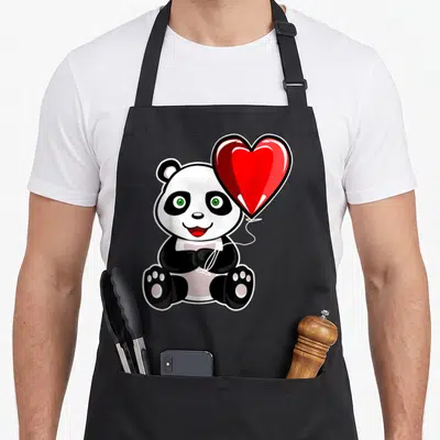 Tablier de cuisine noir avec illustration d'un panda tenant un ballon cœur rouge vif