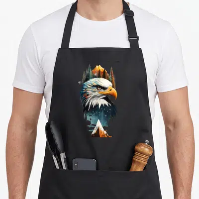 Tablier de cuisine noir avec illustration d'aigle stylisé intégrant montagnes et étoiles dans le plumage.