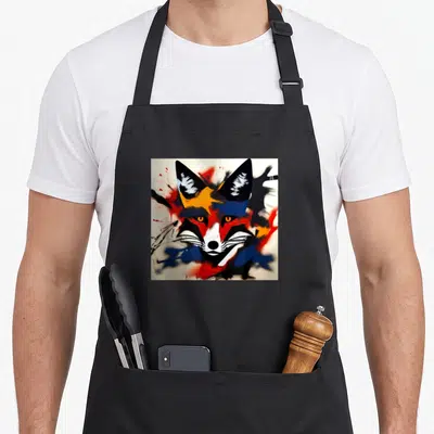 Tablier de cuisine noir avec un renard aux couleurs vives et au style expressionniste.