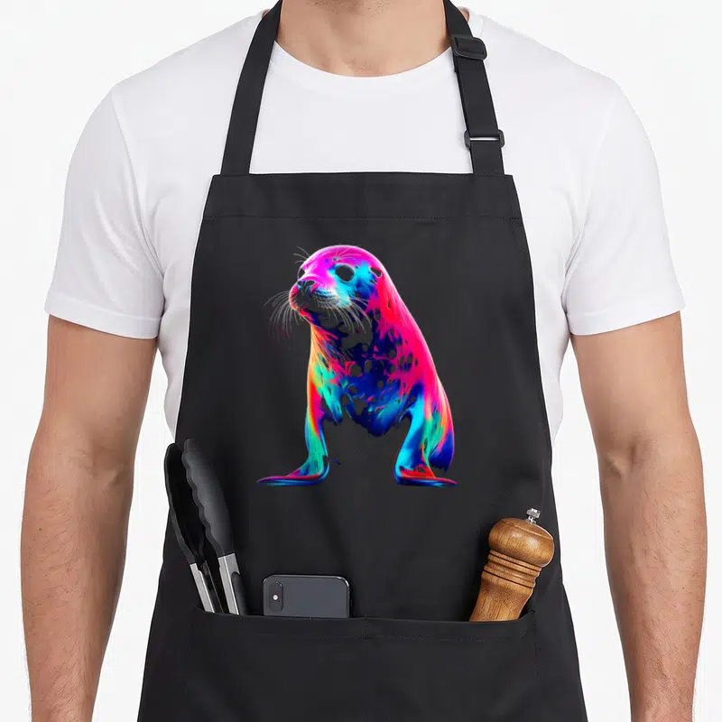 Tablier de cuisine noir avec un phoque sauvage aux couleurs vives et au design multicolore.