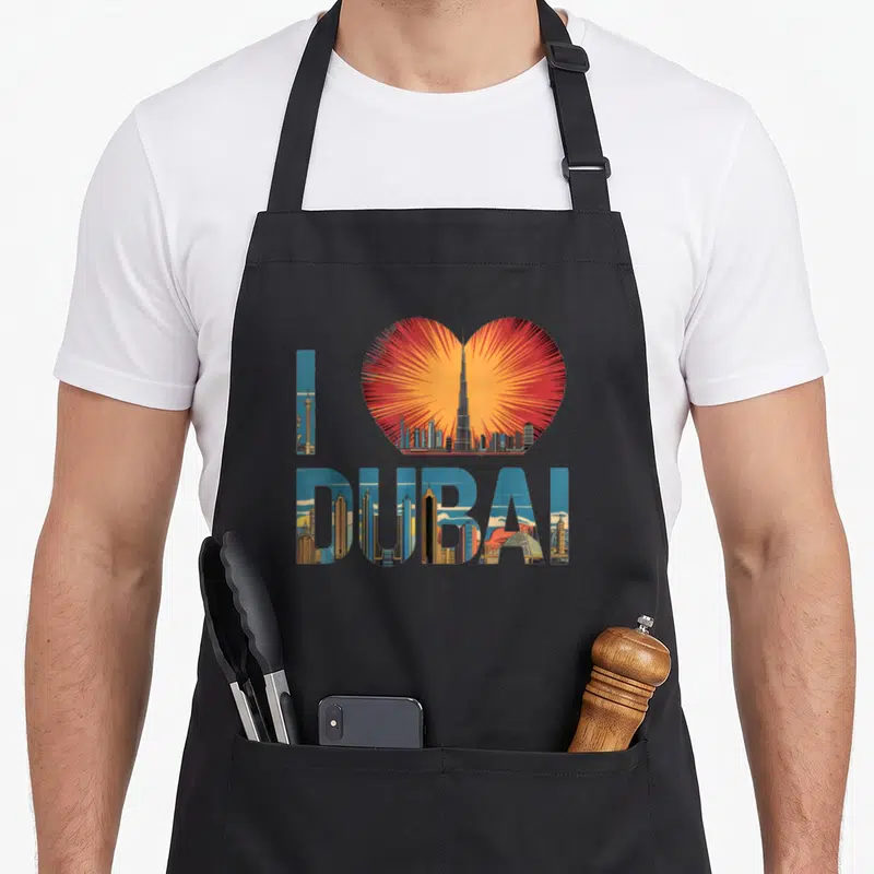 Tablier de cuisine noir avec un motif I Love Dubai et un cœur contenant le Burj Khalifa.
