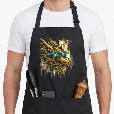 Tablier de cuisine noir avec tête de dragon doré portant des lunettes de soleil turquoise sur fond texturé beige.