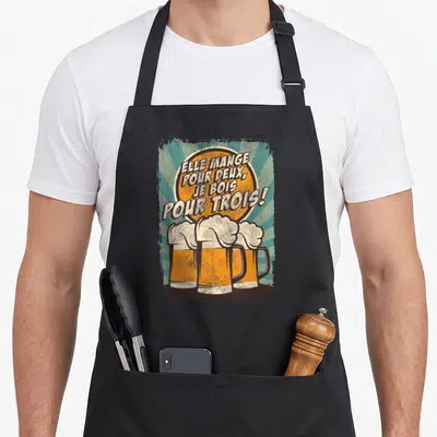 Tablier de cuisine noir avec illustration vintage de trois bières et texte humoristique en lettres blanches et oranges.