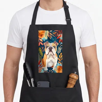 Tablier de cuisine noir avec illustration d'un bouledogue anglais entouré de feuilles et de fleurs colorées sur fond bleu foncé.