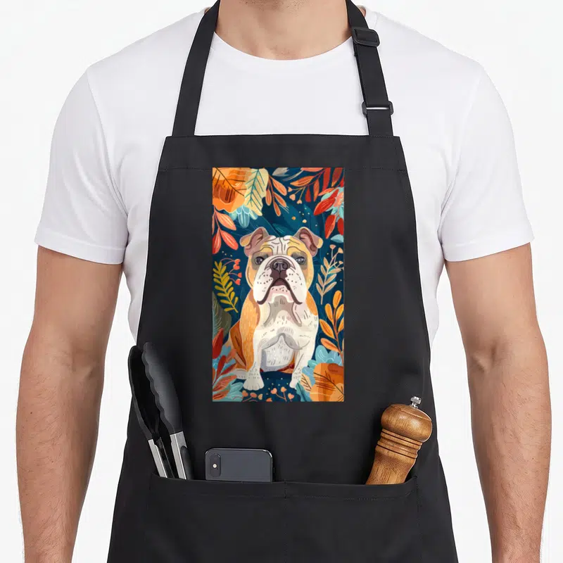 Tablier de cuisine noir avec illustration d'un bouledogue anglais entouré de feuilles et de fleurs colorées sur fond bleu foncé.