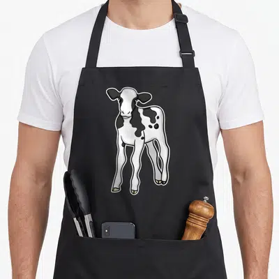 Tablier de cuisine noir avec illustration d'une vache blanche et noire portant l'inscription Amoureux des cadeaux