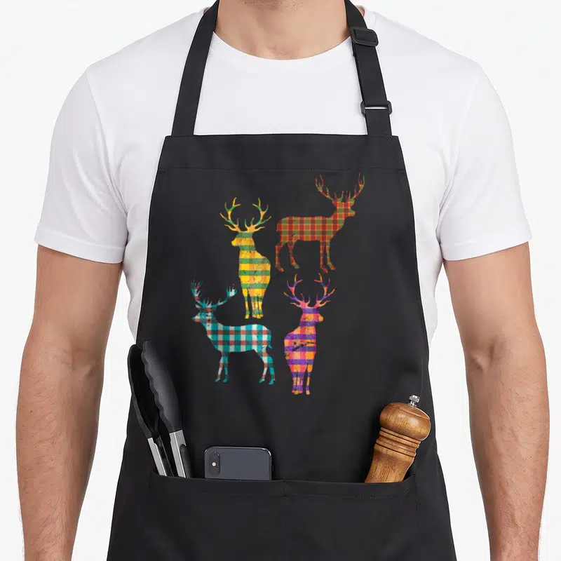 Tablier de cuisine noir orné de quatre silhouettes de cerfs aux motifs plaid multicolores et stylisés.