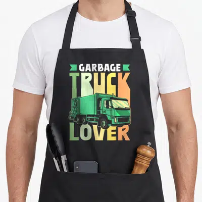 Tablier de cuisine noir avec illustration de camion poubelle vert et texte « Garbage Truck Amant » en lettres colorées dégradées.