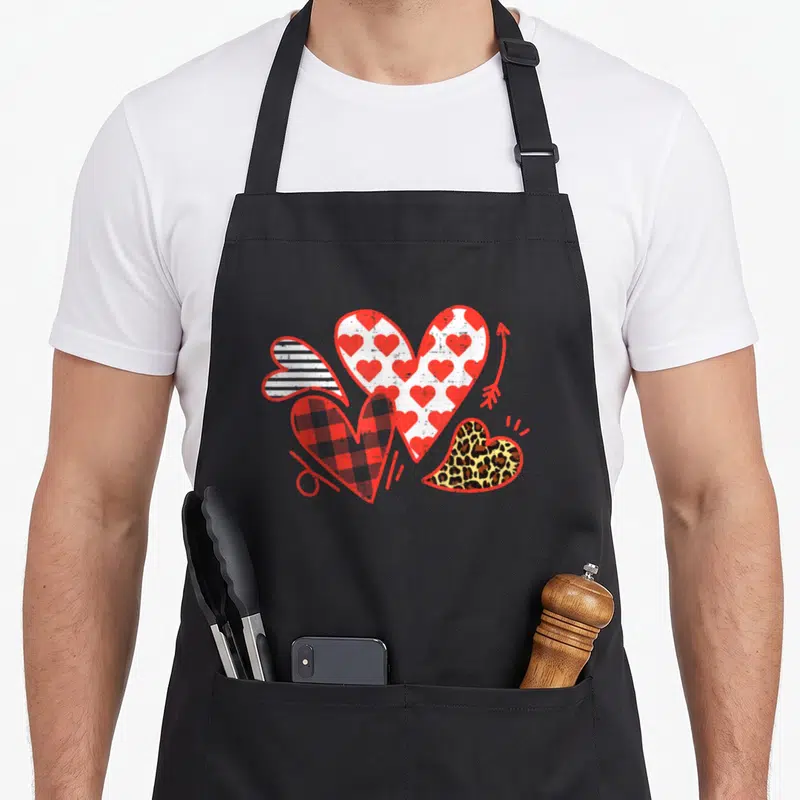 Tablier de cuisine noir avec plusieurs cœurs aux motifs variés incluant un imprimé léopard et une flèche rouge.