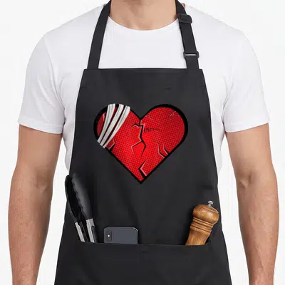 Tablier de cuisine noir avec un cœur brisé rouge bandé et linscription Haramis au centre.