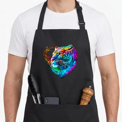 Tablier de cuisine noir avec une tête de tigre aux couleurs vives formant un cœur en art numérique