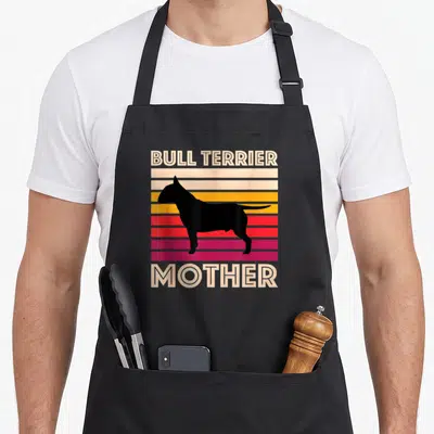 Tablier de cuisine noir avec silhouette Bull Terrier sur bandes colorées et texte Mother vintage