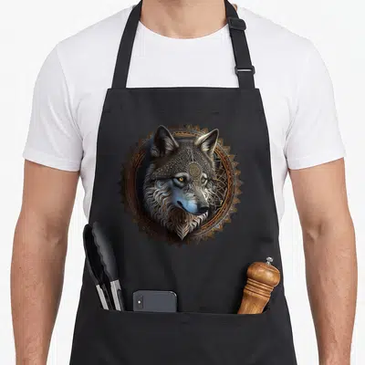 Tablier de cuisine noir avec tête de loup détaillée dans un motif circulaire ornemental aux tons bruns et dorés.