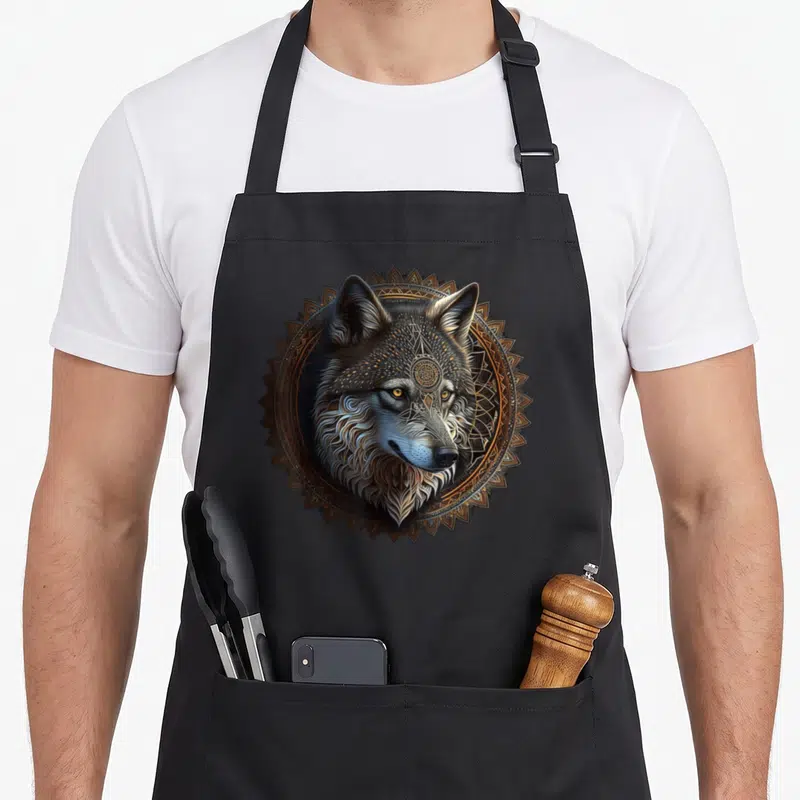 Tablier de cuisine noir avec tête de loup détaillée dans un motif circulaire ornemental aux tons bruns et dorés.