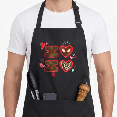 Tablier de cuisine noir avec des chocolats XOXO, un cœur aux yeux de Spider-Man et une spiderweb rose.