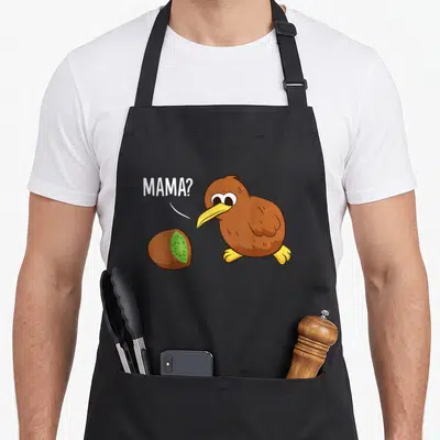 Tablier de cuisine noir avec un dessin de kiwi oiseau et le texte Mama ?