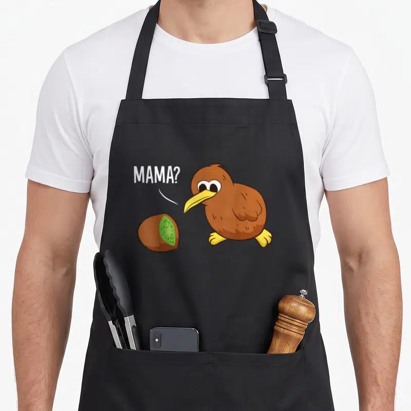 Tablier de cuisine noir avec un dessin de kiwi oiseau et le texte Mama ?