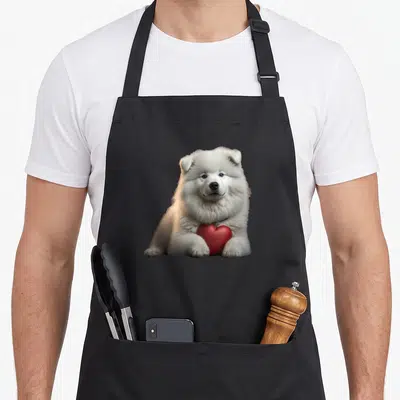 Tablier de cuisine noir avec illustration d'un chiot Samoyède blanc tenant un cœur rouge entre ses pattes.