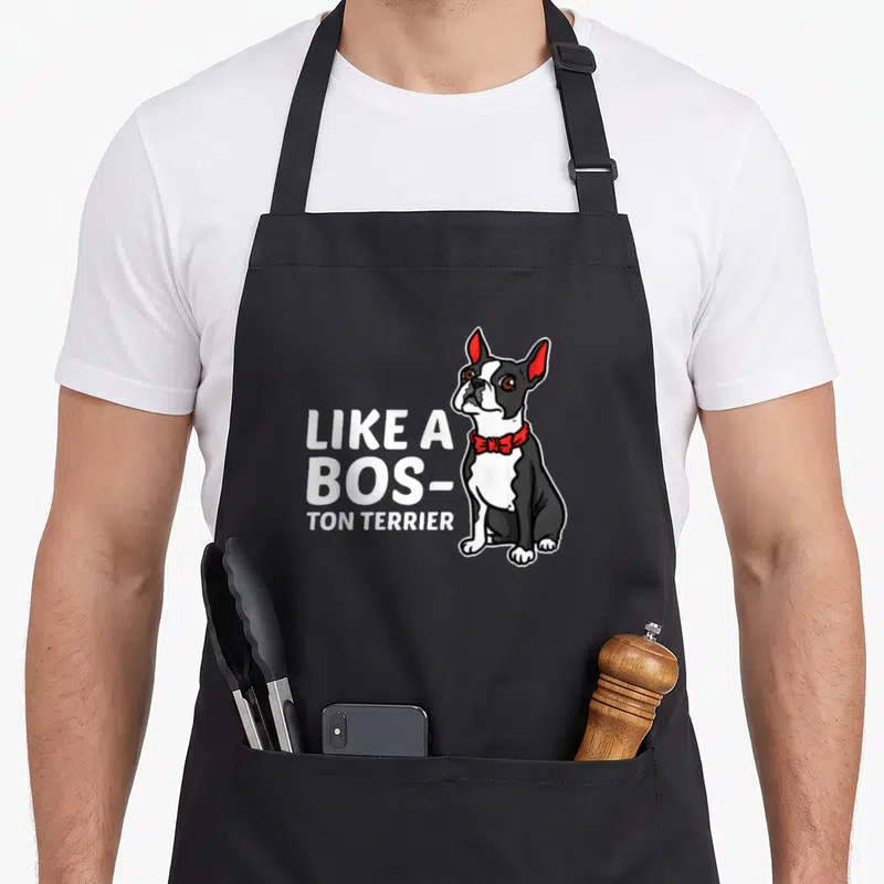 Tablier de cuisine noir avec illustration d'un Boston Terrier au nœud rouge et texte blanc Like a Bos-ton terrier