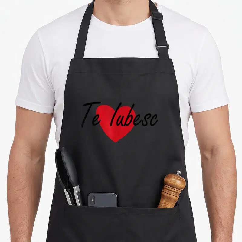 Tablier de cuisine noir avec un cœur rouge et l'inscription Te Iubesc en écriture noire cursive.