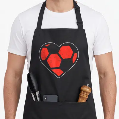 Tablier de cuisine noir avec un grand cœur rouge contenant des motifs de ballon de football en blanc.