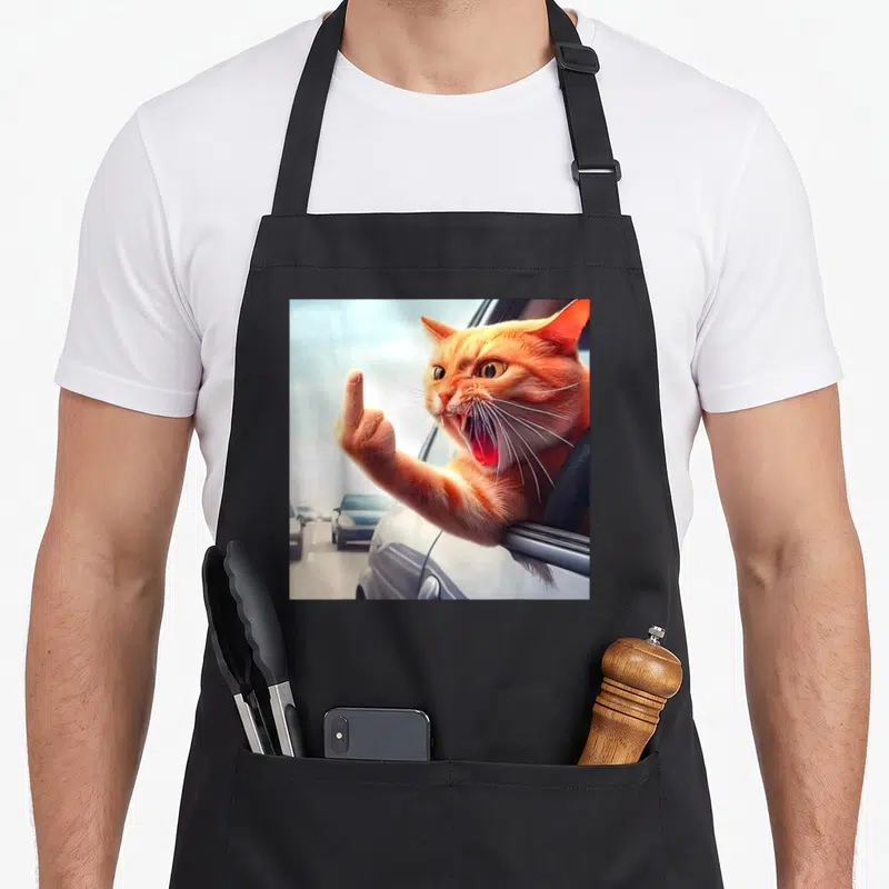 Tablier de cuisine noir avec illustration d'un chat roux furieux faisant un doigt d'honneur depuis une fenêtre de voiture.