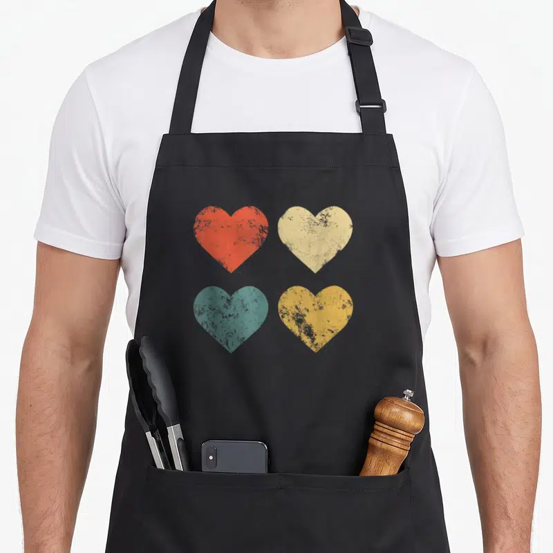 Tablier de cuisine noir avec quatre coeurs vintage rouge, beige, turquoise et jaune disposés en grille.