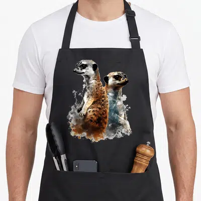 Tablier de cuisine noir avec deux suricates stylisés aux couleurs naturelles et effet aquarelle.