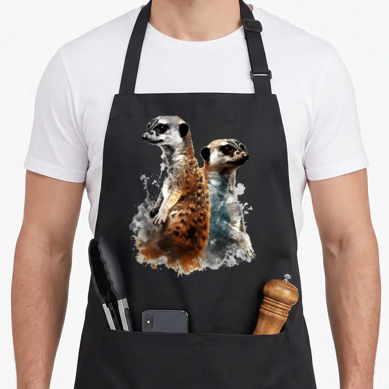 Tablier de cuisine noir avec deux suricates stylisés aux couleurs naturelles et effet aquarelle.