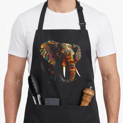 Tablier de cuisine noir avec tête d'éléphant colorée en art graphique tribal multicolore