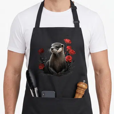 Tablier de cuisine noir avec illustration d'un loutre entouré de roses rouges et de fleurs sauvages.
