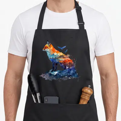 Tablier de cuisine noir avec illustration géométrique d'un renard orange intégrant un paysage de montagnes et d'oiseaux bleus.