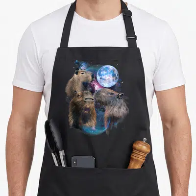 Tablier de cuisine noir avec trois têtes de capybaras et une lune bleue sur fond galactique.