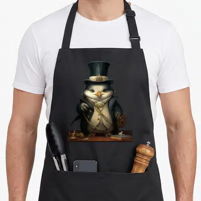 Tablier de cuisine noir avec un manchot en costume victorien coiffé d'un chapeau haut de forme orné d'une gemme.