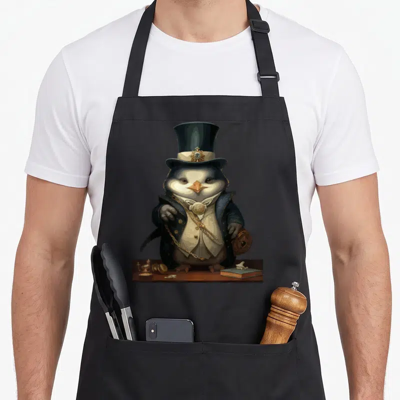 Tablier de cuisine noir avec un manchot en costume victorien coiffé d'un chapeau haut de forme orné d'une gemme.
