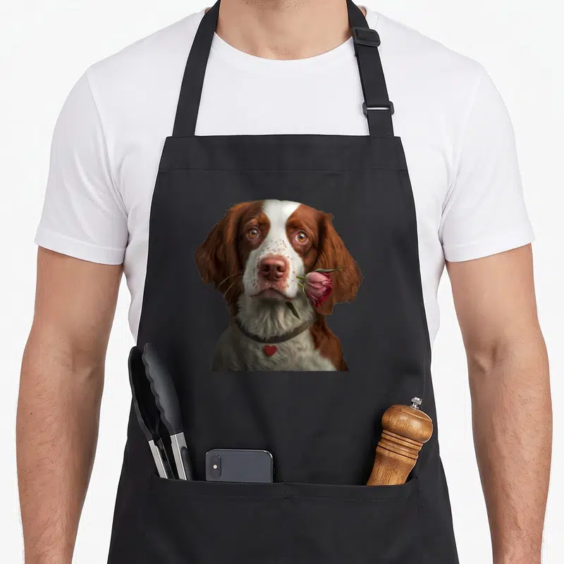 Tablier de cuisine noir avec portrait d'un Epagneul Breton tenant une rose rose dans sa bouche.