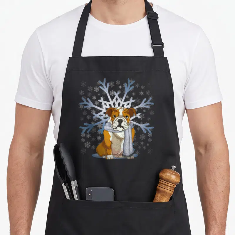 Tablier de cuisine noir avec illustration d'un Bouledogue Anglais portant une écharpe grise devant un flocon de neige bleu et blanc.