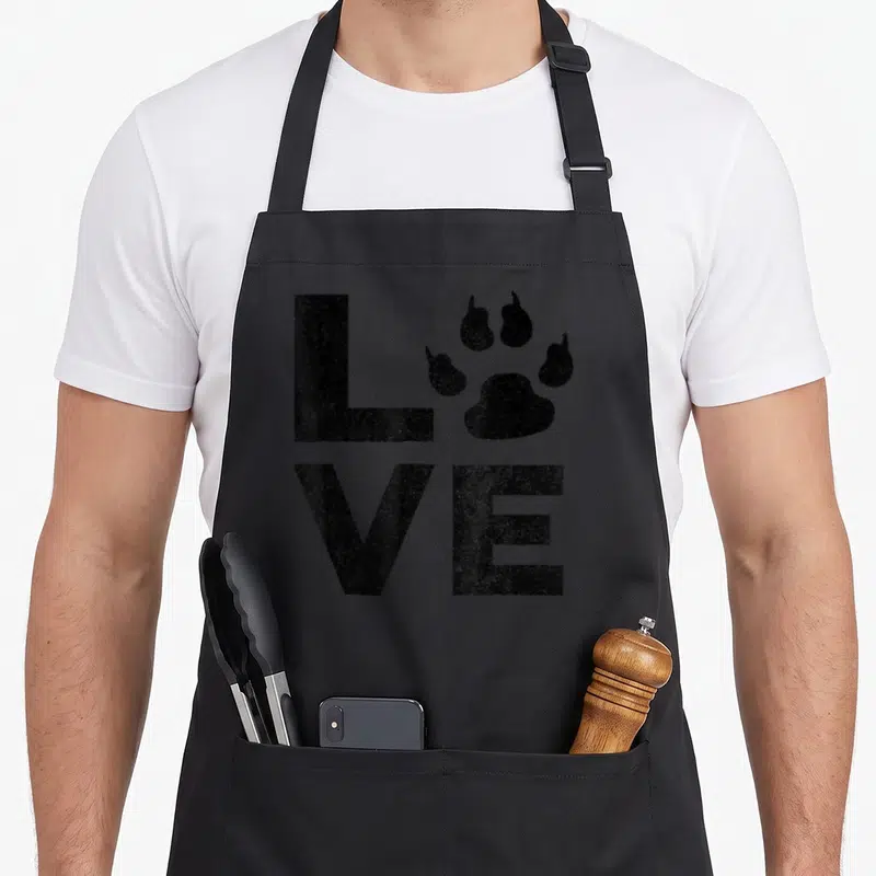 Tablier de cuisine noir avec le mot Love et une patte de chien en remplacement du O.