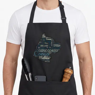 Tablier de cuisine noir avec motif typographique en silhouette de chien Cane Corso Dog Italiano Molossi