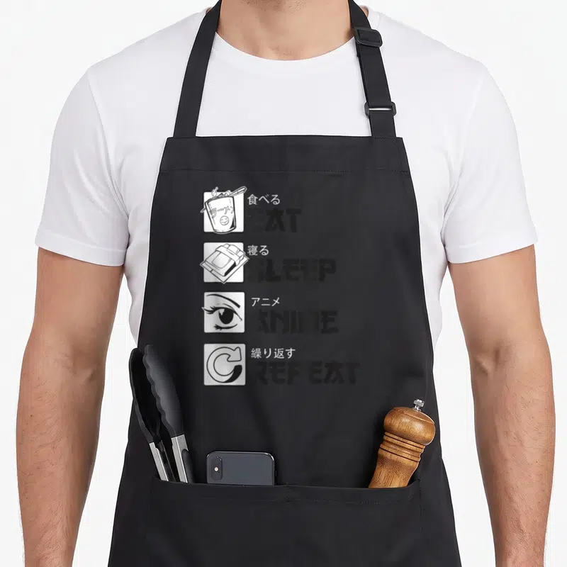 Tablier de cuisine noir avec motifs ramen, lit, œil anime et texte styliséEat Sleep Anime Repeat.