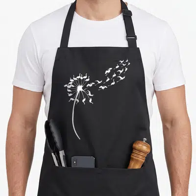 Tablier de cuisine noir avec une illustration d'un pissenlit dont les graines sont des cygnes blancs en vol.