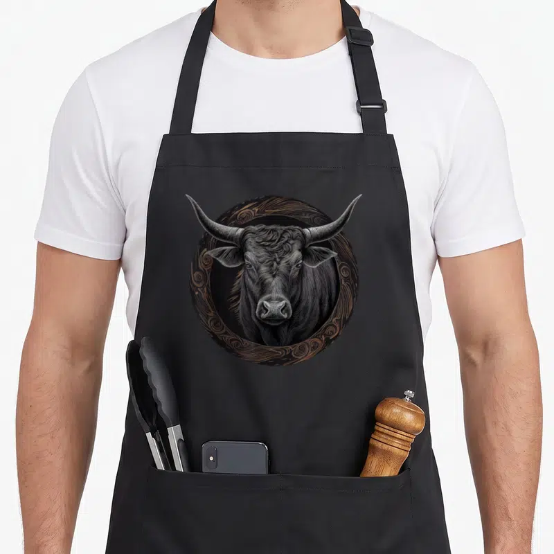 Tablier de cuisine noir avec tête de taureau gravée et motifs circulaires dorés.