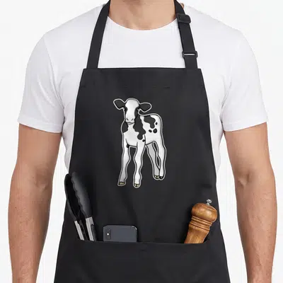 Tablier de cuisine noir avec illustration d'une vache blanche et noire aux taches noires, style dessin animé simple.