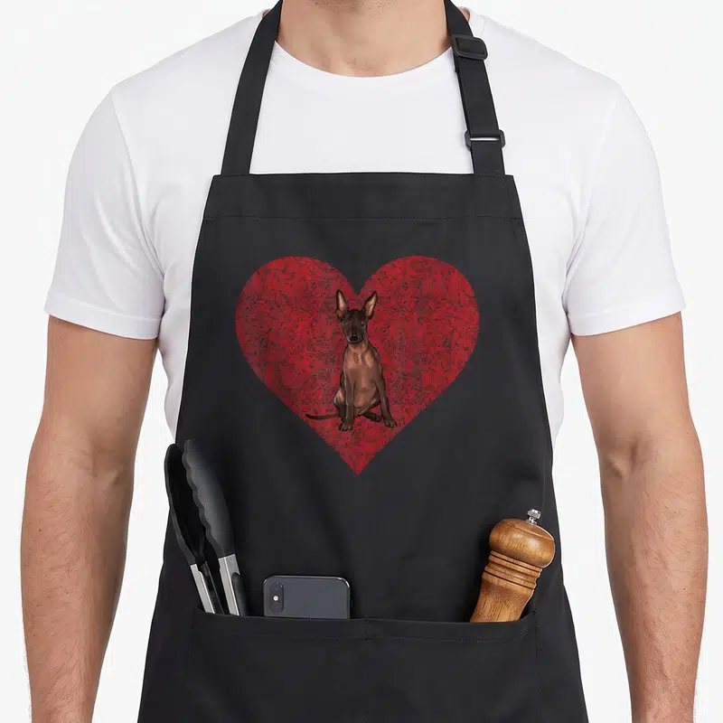Tablier de cuisine noir avec illustration d'un chien Xoloitzcuintli devant un cœur rouge texturé.