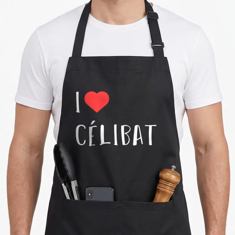 Tablier de cuisine noir avec le texte I Love Célibat et un cœur rouge imprimé au centre.