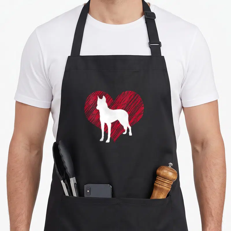 Tablier de cuisine noir avec silhouette blanche de chien Beauceron devant un cœur rouge esquissé au trait.